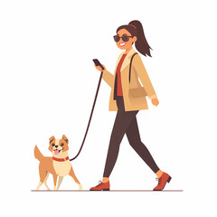 Woman enjoying a walk with her dog, checking her phone. Sunny day, cheerful mood, simple pleasures. Friendship and happiness outdoors.