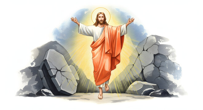 Jesus Christ Resurrection Illustration Emerging from Tomb with Light Radiating