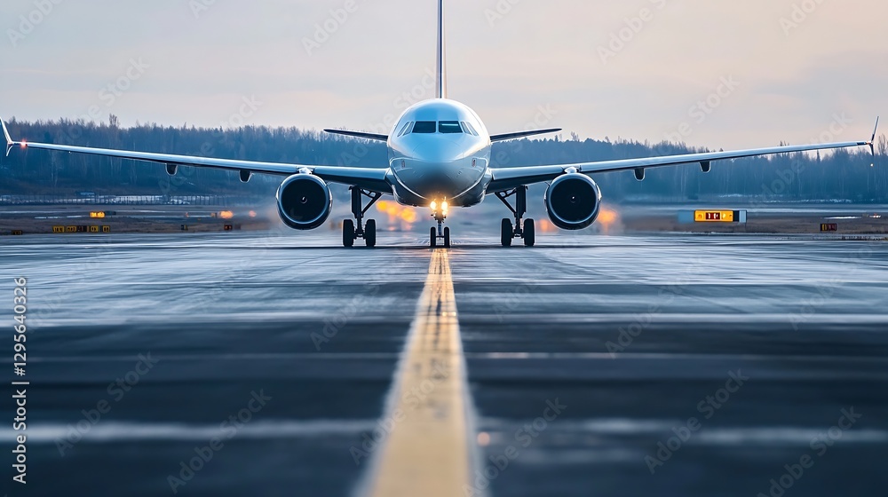 Poster Modern aircraft positioned on runway ready for takeoff during twilight hours : Generative AI