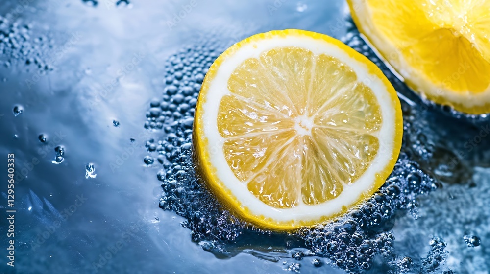 Leinwandbilder freshly sliced lemon dropping into bubbles of clear water with citrus burst : generative ai