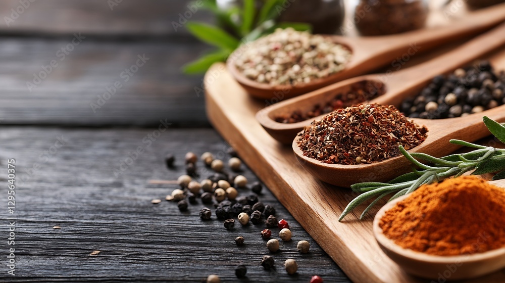 Poster Assorted Spices in Wooden Spoons on Rustic Table Background : Generative AI