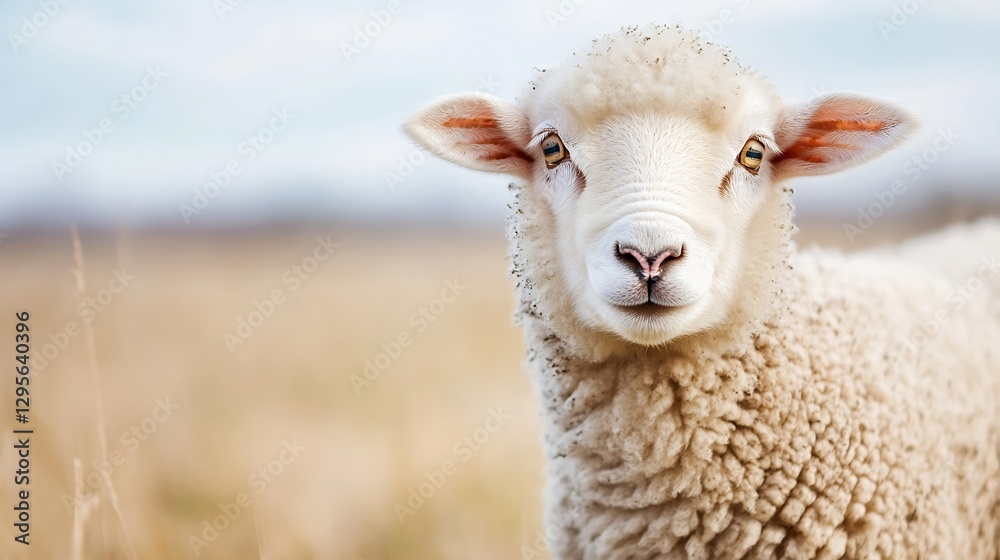 Poster Cute sheep standing in a field with a serene expression and fluffy wool coat on a sunny day : Generative AI
