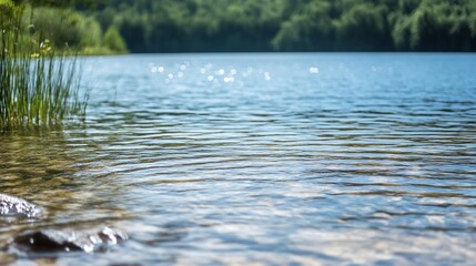 Fototapeta premium Crystal Clear Lake Water Reflecting Nature's Beauty Surrounded by Lush Greenery : Generative AI