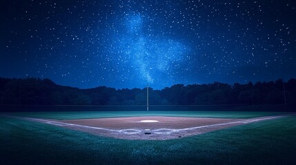 Night baseball field under a starry sky with light trails.