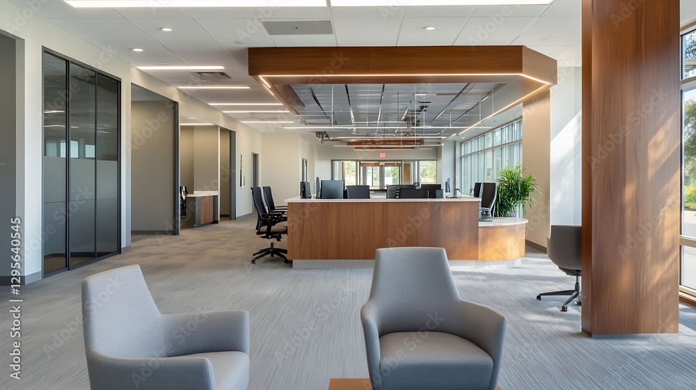 Poster modern office interior design with spacious layout and comfortable seating areas : generative ai