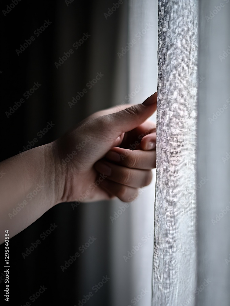 Poster gentle hand pulling back translucent curtains allowing soft light to enter a serene indoor space : g