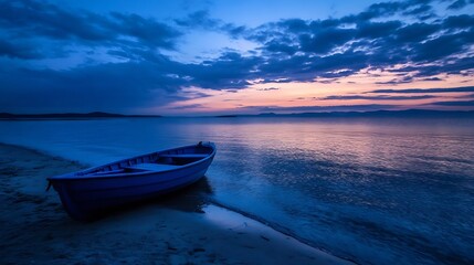 Naklejka premium Serene Sunset Over Calm Water With Boat at Beach : Generative AI