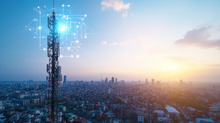 Obraz premium communication tower transmitting signals over city skyline at sunset, symbolizing connectivity and technology