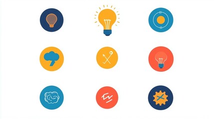 Nine colorful circular icons depicting various ideas, innovation, and creativity concepts.