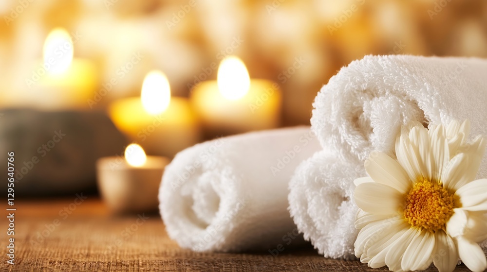 Poster warm white towels with a cheerful gerbera daisy and flickering candles : generative ai