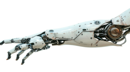 White robotic arm pointing with index finger on transparent background