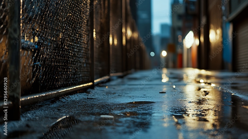 Aufkleber Serene Wet Alleyway at Dusk with Reflections and Soft Lighting Effects : Generative AI