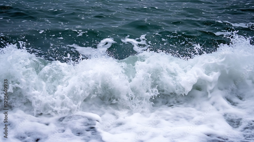 Poster Crashing ocean waves creating foam and spray on a rocky shoreline under a cloudy sky : Generative AI