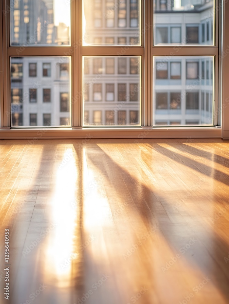 Poster sunlight streaming through large windows illuminating a modern interior with warm wooden floors : ge