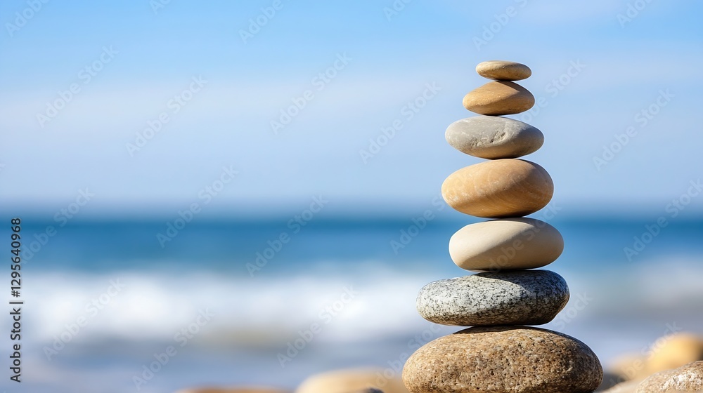 Poster Balanced stones stacked on a beach with ocean waves in the background representing tranquility and harmony in nature : Generative AI