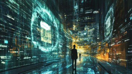 People Interacting with Holographic Interface Display, Ideal for technology and innovation concepts