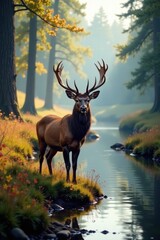 Obraz premium Majestic red deer stag in tranquil Lake District forest stream , light, UK, antler
