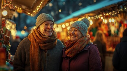 Obraz premium The woman is wearing a red coat and the man is wearing a gray hat. Generative AI