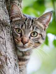 Fototapeta premium Closeup of adorable striped cat peeking out from behind tree with vibrant green foliage : Generative AI