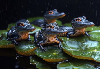 Fototapeta premium Four Realistic Crocodile Hatchlings Resting on Lily Pads in a Serene Wetland Environment with Gentle Rainfall