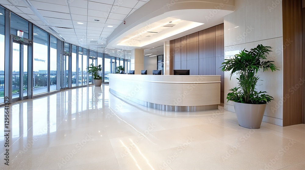Poster sleek reception area in a contemporary office with plants and a modern curved desk : generative ai