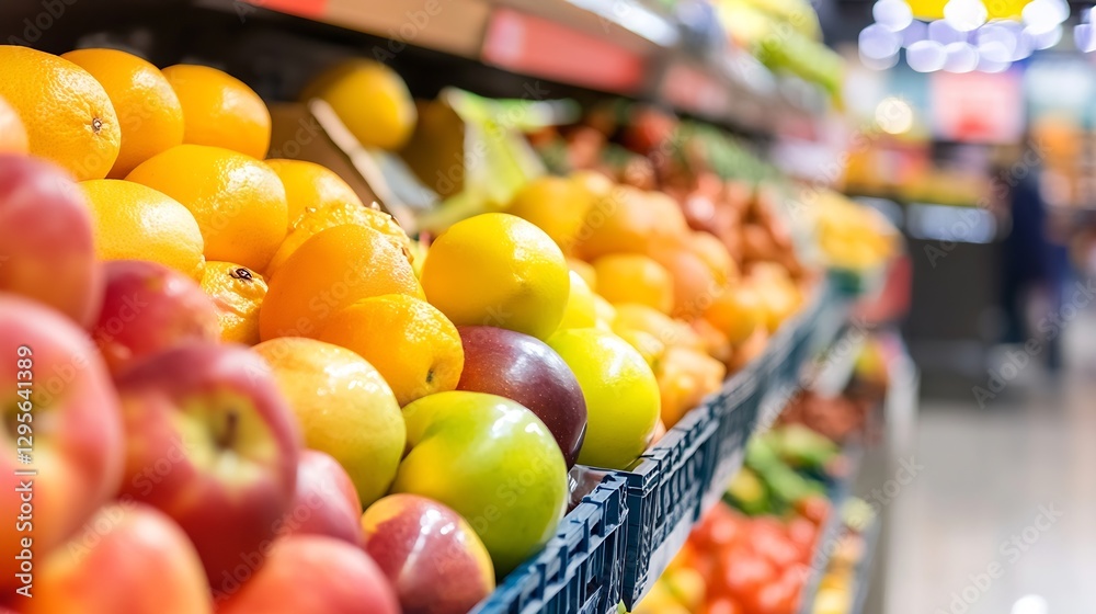 Poster Colorful assortment of fresh fruits displayed in a grocery store setting ready for healthy snacking : Generative AI