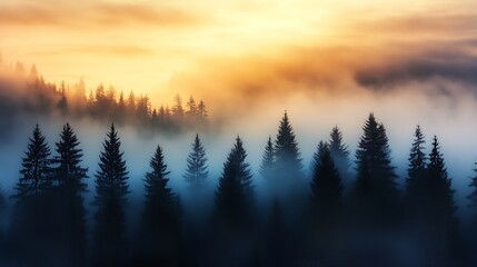 Obraz premium Misty forest landscape at sunrise with silhouetted trees emerging from a layer of fog : Generative AI