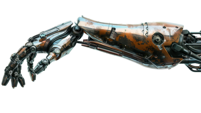 Robotic arm reaching out on transparent background