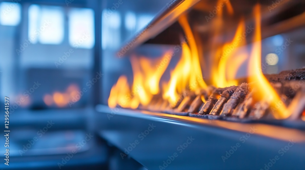 Poster closeup of roaring fireplace with flames and glowing embers creating warm cozy atmosphere : generati