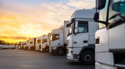 Stunning lineup of heavyduty trucks parked under a vibrant sunset sky in the transportation yard : Generative AI