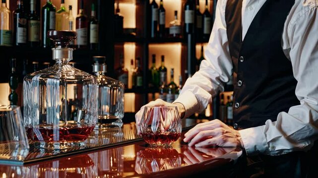 A skilled bartender mixes cocktails, showcasing techniques and ingredients. The upscale bar is filled with a variety of spirits displayed against warm lighting, creating an inviting atmosphere.