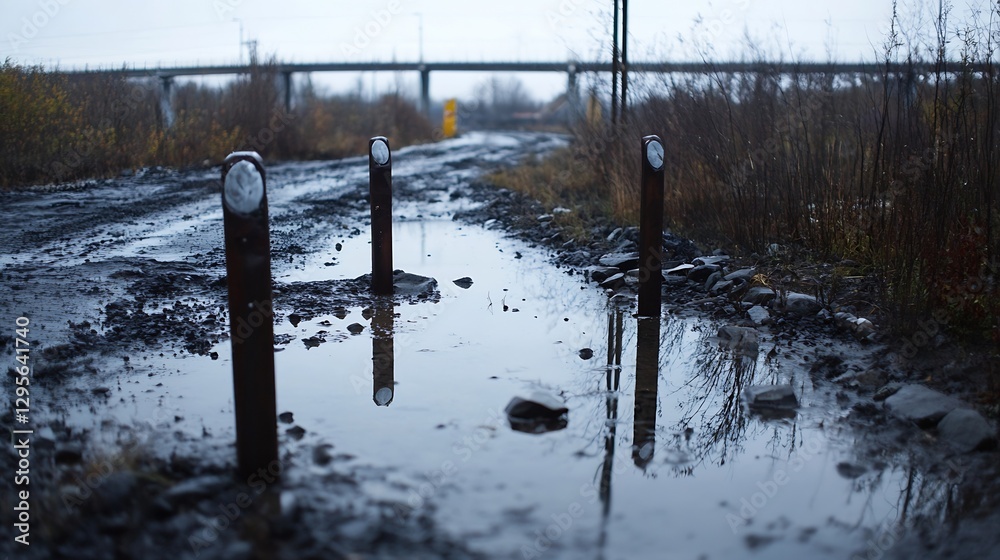 Poster rainy path with puddles and misty perception on an overgrown road : generative ai