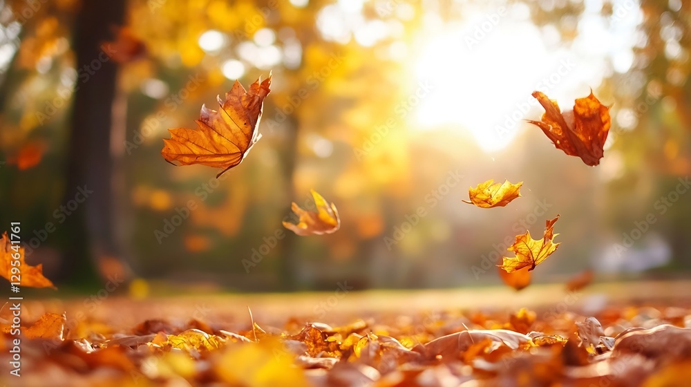 Aufkleber Dynamic view of autumn leaves falling through the air illuminated by the warm sunlight in a park : Generative AI