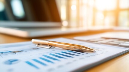 Fototapeta premium Detailed analysis of financial charts showcasing growth trends and data insights with a pen on the table : Generative AI