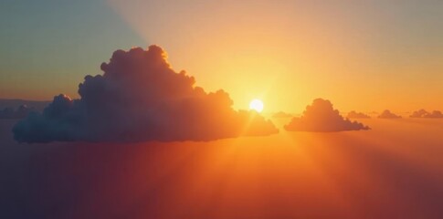 Obraz premium Golden hour sun dips below thick cloud layer, casting long shadows , scenic, horizon