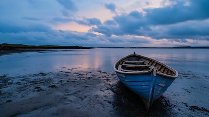 Lonely Blue Boat Sitting in Calm Water During Beautiful Sunset Sky : Generative AI
