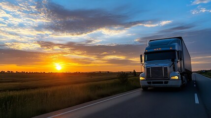 Majestic Truck Driving on Open Road at Sunset with Vibrant Skies Surrounding the Picturesque Landscape : Generative AI