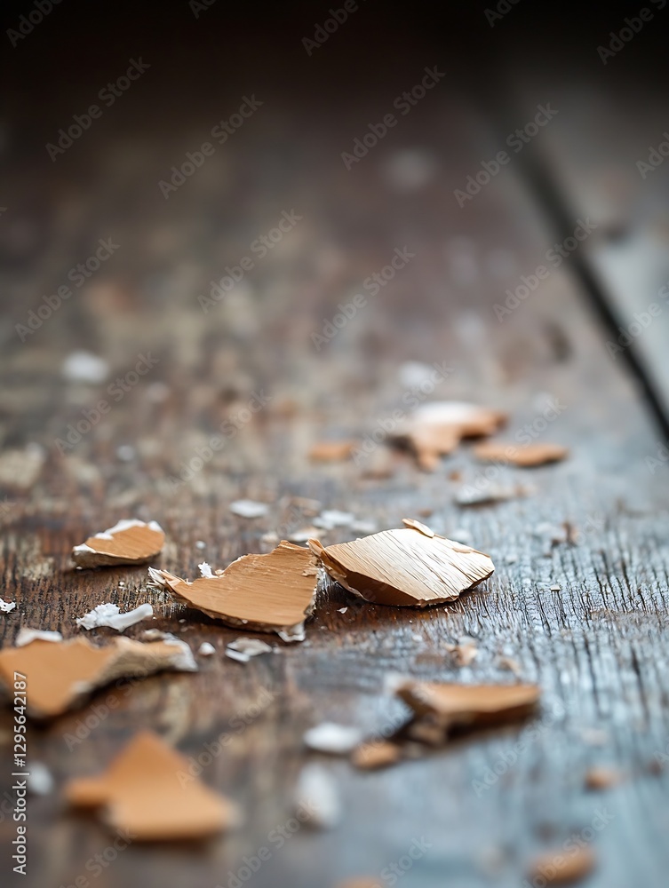 Poster closeup view of broken pieces of terracotta clay scattered on a textured wooden surface in soft natu