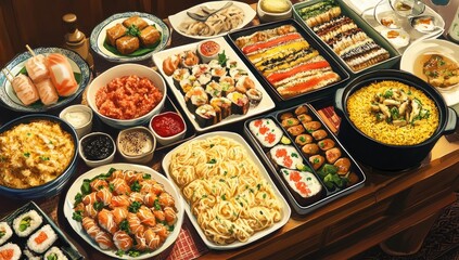 Fototapeta premium Asian Buffet Spread on Wooden Table with Food Variety