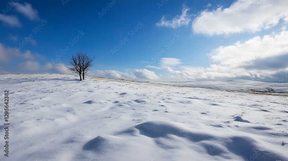 Poster isolated tree standing majestically in a snowcovered landscape under a brilliant blue sky with fluff