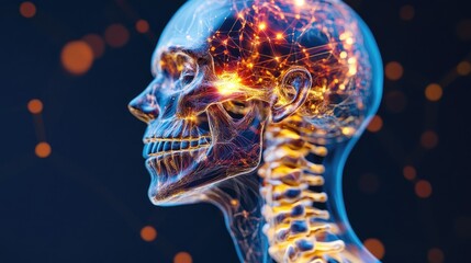 3D-rendered human skeleton with detailed bone structure, medical concept.
