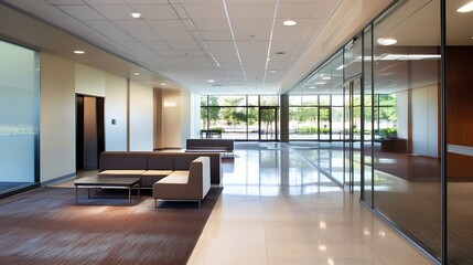 Modern and Spacious Office Lobby with Natural Light and Sleek Design : Generative AI