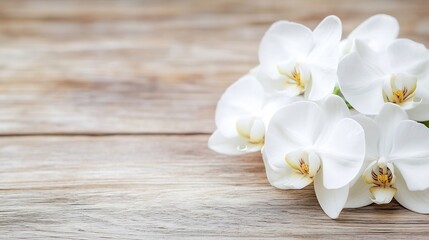 Naklejka premium Beautiful white orchids arranged elegantly on a wooden surface for floral décor : Generative AI