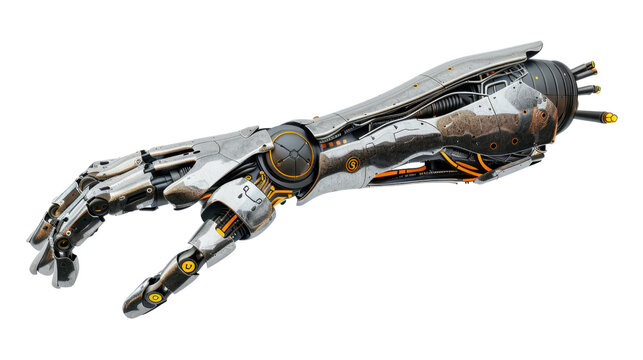 Robotic arm reaching out on transparent background