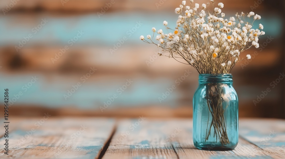 Poster delicate white flowers in a blue jar on rustic wooden table background : generative ai