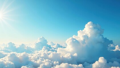 Dramatic panoramic view, fluffy white clouds dominate a summer sky , nature, peaceful