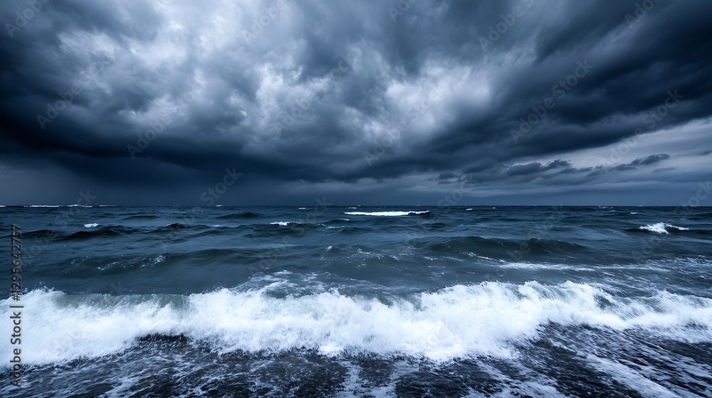 Poster dramatic seascape with dark storm clouds and rough waves crashing on the shoreline : generative ai