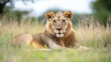 Naklejka premium Majestic lion resting in the grassland showcasing its power and grace in a natural environment : Generative AI