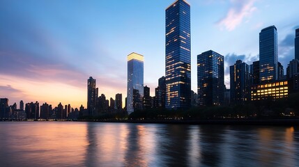 Fototapeta premium Dynamic city skyline at dusk by water reflecting lights showcasing urban lifestyle : Generative AI