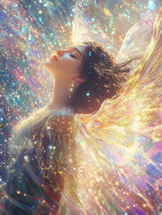 Celestial goddess with glowing wings stands under starlit sky, surrounded by shining stars and radiant light dots descending from heavens. Ethereal spiritual art radiates divine feminine power